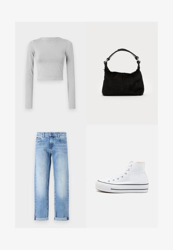 Lys grå cropped langærmet top lavet af et strækmateriale, med en enkel rund halsudskæring og en glat tekstur.; Lyseblå denimjeans med opsmøgede ben, frontknap og lynlås, samt klassisk femlommesdesign på en hvid baggrund.; Hvide høj-top sneakers lavet af kanvasmateriale, sort gummisål og kontrasterende sort stribe på mellemsålen. Rund tåhætte og snørebåndsdesign.; Sort faux fur håndtaske med en blød tekstur, rund form og en robust skulderrem i sort læder. Synlige sølvhardware-detaljer.