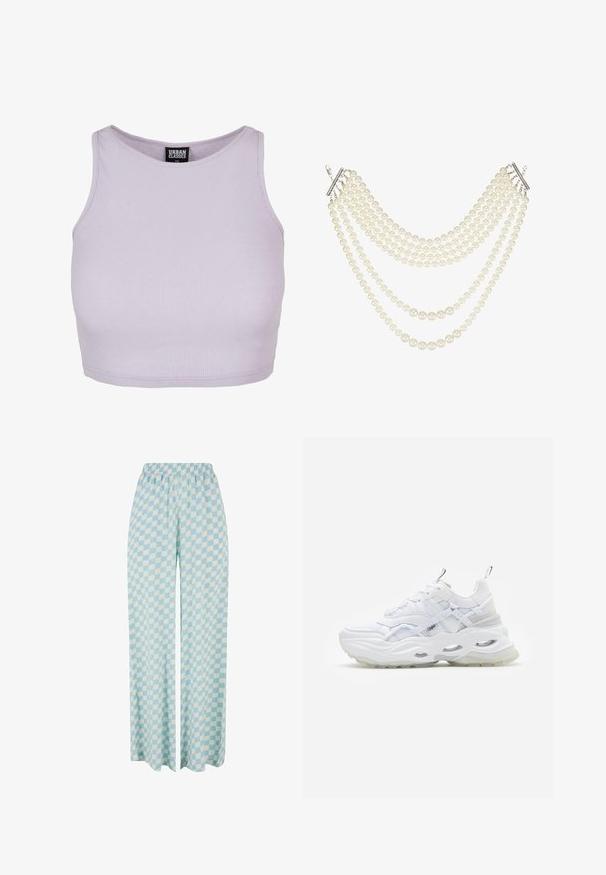 Fialový rebrovaný crop top s okrúhlym výstrihom. Má priliehavý strih a bezrukávový dizajn, vyrobený z mäkkej, elastickej tkaniny.; Svetlomodré široké nohavice s kockovaným vzorom v striedajúcich sa odtieňoch, s elastickým pásom pre pohodlie.; Biele tenisky s masívnou podrážkou, vrstveným sieťovinovým a syntetickým zvrškom, s vzorovanými akcentmi, systémom šnurovania a poutkom.; Viacpramenný náhrdelník s krémovo bielymi perlami rôznych veľkostí, zabezpečený jednoduchým strieborným uzáverom a akcentmi.