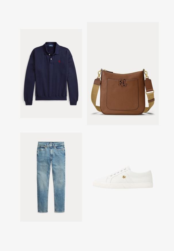 Mørkeblå polo med lange ærmer, to hvide knapper og rødt broderet logo på venstre bryst på hvid baggrund.; Lyseblå slim-fit jeans med fem lommer og knaplukning, lagt fladt på en hvid baggrund.; Lauren Ralph Lauren JANSON II CANVAS SNEAKER - Sneakers - optic white; Brun skuldertaske i læder med frontlomme, guldfarvet RL-logo, aftagelig beige rem med læderdetaljer og guldfarvede spænder.