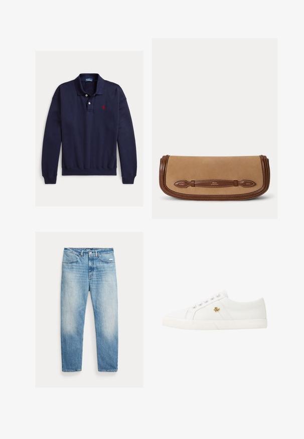 Mørkeblå polo med lange ærmer, to hvide knapper og rødt broderet logo på venstre bryst på hvid baggrund.; Lyseblå falmede jeans med lige ben, forlommer, knap- og lynlåslukning samt let slid på højre lår.; Lauren Ralph Lauren JANSON II CANVAS SNEAKER - Sneakers - optic white; Beige stof clutch med brun lædertrim og håndtag prydet med Polo by Ralph Lauren branding.