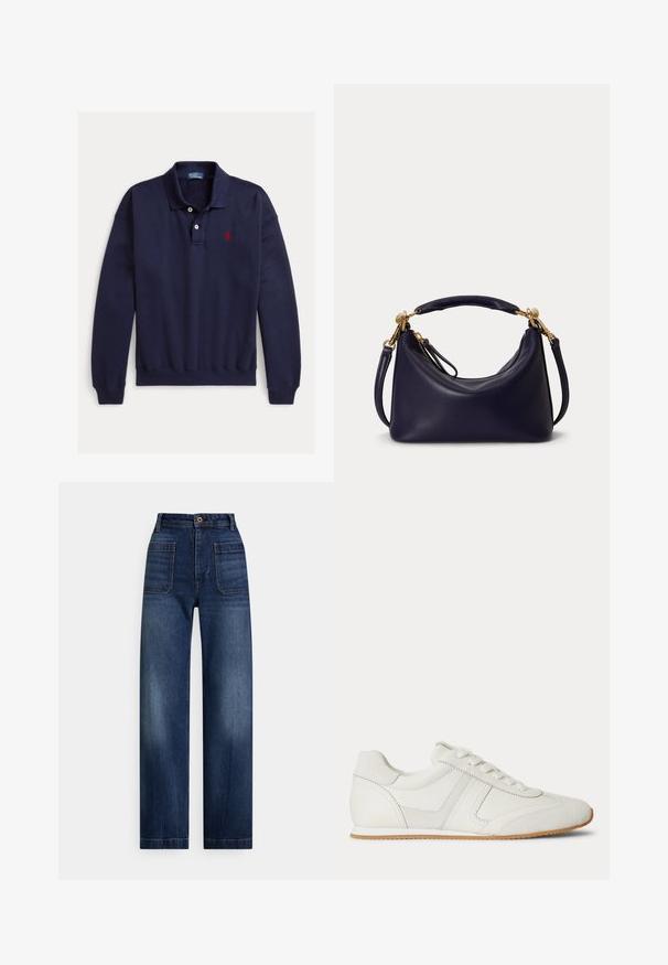 Mørkeblå polo med lange ærmer, to hvide knapper og rødt broderet logo på venstre bryst på hvid baggrund.; Højtaljede, mørkeblå denimjeans med lige ben, forlommer, bæltestropper og knaplukning.; Hvid lavtop sneaker med snørelukning foran, ruskind- og læderpaneler og en lysebrun gummisål på en hvid baggrund.; Mørkeblå læderhåndtaske med kort polstret håndtag, aftagelig skulderrem og metalbeslag i guldton på en ensfarvet baggrund.