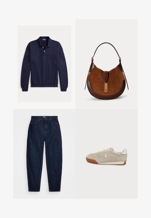 Marineblauw poloshirt met lange mouwen, twee witte knopen en rood geborduurd logo op de linkerborst op een witte achtergrond.; Donkerblauwe denim jeans met een rechte pasvorm, voorzien van oranje stiksels, een sluiting met knoop aan de voorkant en vijf zakken.; Beige suède lage sneaker met witte veters, bruine rubberen zool en een klein geborduurd logo aan de zijkant.; Bruine suède en lederen handtas in halve maanvorm met enkele band en goudkleurige sluiting met een klein paard en ruiter logo.