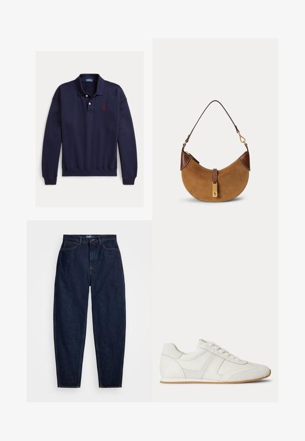 Marineblauw poloshirt met lange mouwen, twee witte knopen en rood geborduurd logo op de linkerborst op een witte achtergrond.; Donkerblauwe denim jeans met een rechte pasvorm, voorzien van oranje stiksels, een sluiting met knoop aan de voorkant en vijf zakken.; Witte lage sneaker met veters aan de voorkant, suède en leren panelen, en een lichtbruine rubberen zool op een witte achtergrond.; Bruine suède halve maan handtas met donkerbruine lederen accenten, goudkleurige hardware en een korte schouderriem.