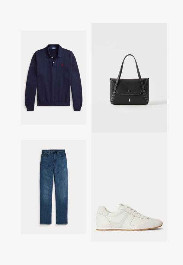 Marineblaues Langarm-Poloshirt mit zwei weißen Knöpfen und rotem, gesticktem Logo auf der linken Brust auf weißem Hintergrund.; Straight-leg blaue Denim-Jeans mit fünf Taschen, Knopfverschluss und subtilen Verwaschungen an Oberschenkeln und Knien, flach auf weißem Hintergrund gelegt.; Weißer Sneaker mit niedrigem Schaft, Schnürung vorne, Velours- und Lederpaneelen sowie einer hellbraunen Gummisohle auf weißem Hintergrund.; Schwarze Lederhandtasche mit zwei Griffen, Frontklappe mit Knopfverschluss, weißen Nähten und kleinem Pferdelogo auf schlichtem Hintergrund.