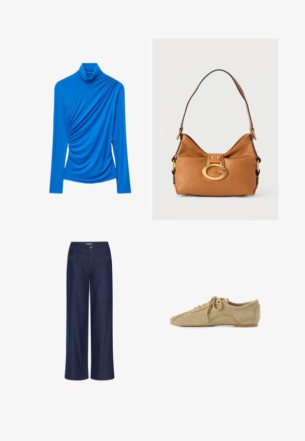 Lyseblå langærmet top med rullekrave og rynkede draperingsdetaljer på fronten og sidesømmene.; ICHI IHFlared - Flared jeans - dark blue; Beige ruskindssko med rund tå, flad sål og klassisk snøredesign. Har diskret søm og en glat tekstur.; Brun skuldertaske i tekstureret læder med en enkelt rem og stor oval guldbæltespænde med Guess-logo på fronten.