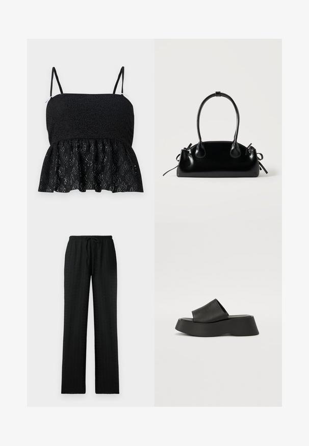 Schwarzes Spitzen-Peplum-Top mit dünnen, verstellbaren Trägern, das ein strukturiertes floral Muster und einen ausgestellten Saum aufweist. Glatte Fütterung ist darunter sichtbar.; Schwarze, strukturierte, weit geschnittene Hosen mit elastischem Bund und verstellbarem Kordelzug; entworfen für Komfort und eine lässige Passform.; Schwarze Plateausandalen mit einem breiten Riemen und einer klobigen Sohle. Aus glattem Material mit mattem Finish und ohne sichtbare Hardware gefertigt.; Kleine schwarze glänzende Handtasche mit zwei langen Griffen und seitlichen Kordelzug-Details vor einfachem hellem Hintergrund.