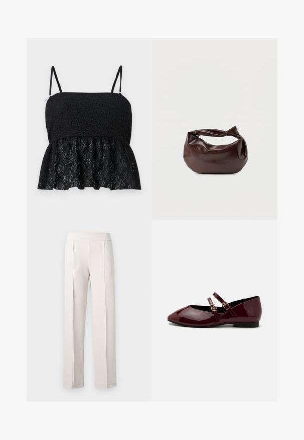 Haut en dentelle noire à peplum avec des bretelles fines et ajustables, présentant un motif floral texturé et un ourlet évasé. Doublure lisse visible en dessous.; Pantalon large beige clair en tissu lisse, doté d'une taille haute, de deux plis avant et d'une finition propre et ajustée.; Anna Field Babies - dark red; Sac bandoulière en cuir marron foncé avec une forme souple et décontractée et une anse nouée torsadée sur un fond blanc uni.