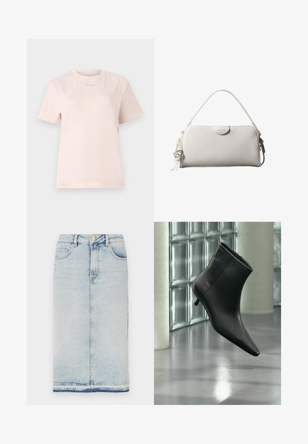 Helles rosa Baumwoll-T-Shirt mit Rundhalsausschnitt, kurzen Ärmeln und einem kleinen, im passenden Farbton auf der Brust bedruckten "Calvin Klein"-Logo.; Hellblauer Denim-Midirock mit fünf Taschen, geradem Schnitt und einem raw-edge Saum. Klassischer Metallknopf und Reißverschluss.; Schwarzer Leder-Stiefelette mit spitzer Zehenpartie und niedrigem Kitten-Heel, schräg dargestellt vor einem polierten Boden und einer Glasbausteinwand.; Weiße rechteckige Calvin Klein Handtasche mit einem einzelnen Henkel, minimalistischem Design und dekorativen Quasten mit geometrischem Metallanhänger an der Seite.