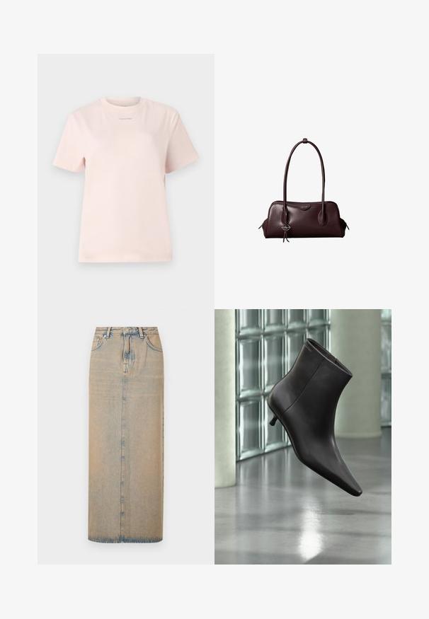 T-shirt en coton rose clair avec un col rond, des manches courtes et un petit logo "Calvin Klein" imprimé dans une couleur assortie sur la poitrine.; Une longue jupe en denim bleu clair avec une coupe droite. Comprend cinq poches, des passants de ceinture et un multiplicateur de boutons à l'avant. Texture décolorée sur toute la surface.; Bottine en cuir noir avec bout pointu et petit talon, présentée devant un mur en blocs de verre et un sol poli.; Sac à main en cuir brun foncé Calvin Klein avec de longues poignées doubles et un petit porte-clé logo suspendu à une poignée.