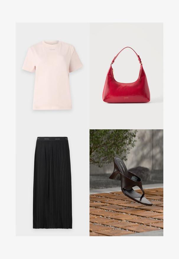 Lichtroze katoenen t-shirt met een ronde hals, korte mouwen, en een klein "Calvin Klein" logo gedrukt in een bijpassende kleur op de borst.; Zwarte geplooide midi-skirt met een elastische tailleband en herhalend Calvin Klein-logo in het wit.; Bruine Calvin Klein teenslipper met hak, hangend boven houten tegels en grind op een buitenvloer met een vage achtergrond van groen en stenen.; Rode leren schoudertas met gouden rits en verstelbare band, Calvin Klein-logo gecentreerd aan de voorkant.