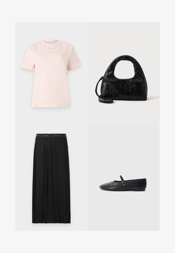 Lichtroze katoenen t-shirt met een ronde hals, korte mouwen, en een klein "Calvin Klein" logo gedrukt in een bijpassende kleur op de borst.; Zwarte geplooide midi-skirt met een elastische tailleband en herhalend Calvin Klein-logo in het wit.; Zwarte leren balletschoenen met een spitse neus, platte zool en een kleine strap met een zilveren gespsluiting.; Zwarte leren handtas met een gebogen bovenhandvat, subtiel diamantenpatroon en een afneembare schouderband. De textuur is glad met geperste details.
