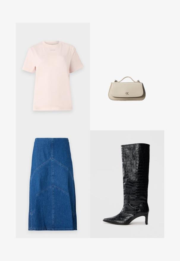 Lyserød bomulds t-shirt med rund hals, korte ærmer og et lille "Calvin Klein" logo trykt i en matchende farve på brystet.; Denim blyantskirt i mørkeblue med lodrette sømdetaljer og en lige silhuet. Har en talje og rå kant.; Sorte knæhøje støvler med en blank, krokodillemønstret tekstur, spids tå og en affaset hæl. Glat syntetisk materiale.; Lille beige læderhåndtaske med top håndtag og sølv CK-logo på frontklap, vist mod en hvid baggrund.