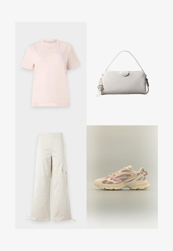 Lyserød bomulds t-shirt med rund hals, korte ærmer og et lille "Calvin Klein" logo trykt i en matchende farve på brystet.; Beige brede benbukser lavet af letvægtsmateriale, med cargo-lommer og justerbare snore ved kanten for en tilpasselig pasform.; Løbesko med pink, beige og cremet mesh samt syntetiske overlays, kraftig sål og tekstureret ydersål for greb, set fra siden.; Hvid rektangulær Calvin Klein håndtaske med enkelt håndtag, minimalistisk design og dekorative kvaster med geometrisk metalvedhæng på siden.