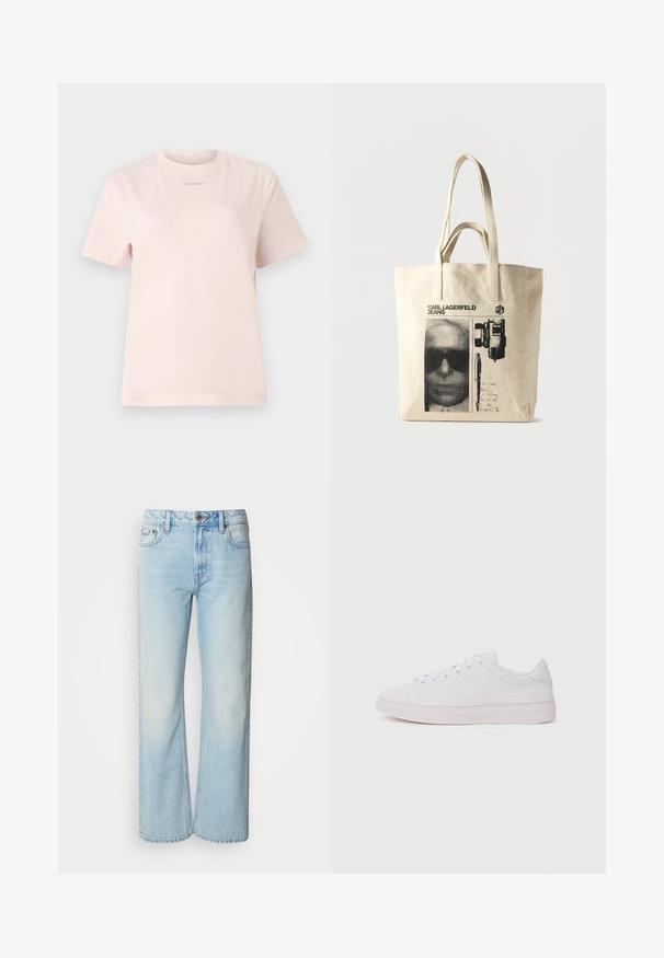 Lyserød bomulds t-shirt med rund hals, korte ærmer og et lille "Calvin Klein" logo trykt i en matchende farve på brystet.; Lyseblå brede jeans lavet af denim med et klassisk fem-lomme design og en subtil falmet tekstur. Denim-syninger er synlige.; Hvide sneakers med en glat læderoverdel, rund tå og flad gummisål. Har snørefunktion og et diskret logo på siden.; Beige lærreds-tote med sort grafik, der viser et ansigt med solbriller, et kamera, en pen og teksten "KARL LAGERFELD JEANS".
