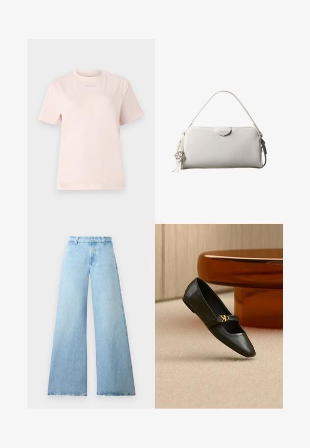 Lichtroze katoenen t-shirt met een ronde hals, korte mouwen, en een klein "Calvin Klein" logo gedrukt in een bijpassende kleur op de borst.; Lichtblauwe wijd-uitlopende jeans gemaakt van denim met een hoge taille, voorzien van een knoopsluiting en vijf zakken. Gladde textuur met een casual silhouet.; Zwarte leren platte schoen met puntige neus en gouden CK-logo op het bandje, geplaatst op een beige tapijt bij een ronde amberbruine tafel.; Witte rechthoekige Calvin Klein handtas met enkele handgreep, minimalistisch ontwerp en decoratieve kwastjes met geometrische metalen hanger aan de zijkant.
