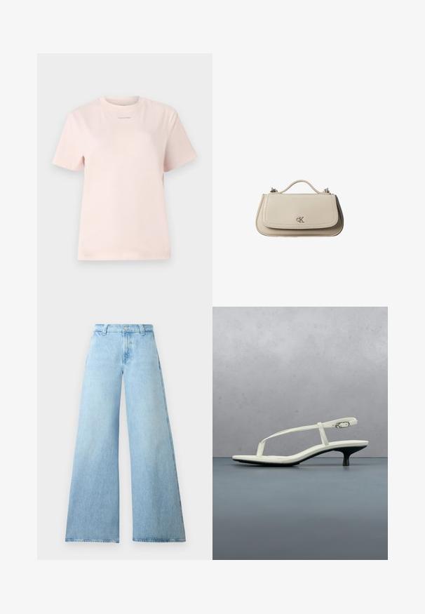 Lichtroze katoenen t-shirt met een ronde hals, korte mouwen, en een klein "Calvin Klein" logo gedrukt in een bijpassende kleur op de borst.; Lichtblauwe wijd-uitlopende jeans gemaakt van denim met een hoge taille, voorzien van een knoopsluiting en vijf zakken. Gladde textuur met een casual silhouet.; Witte sandaal met smalle bandjes en kitten heel, met een spitse neus, zwevend boven een houten tegelvloer buiten, met op de achtergrond een wazige plant en muur.; Kleine beige leren handtas met bovenhandvat en zilveren CK-logo op de voorflap, getoond tegen een witte achtergrond.