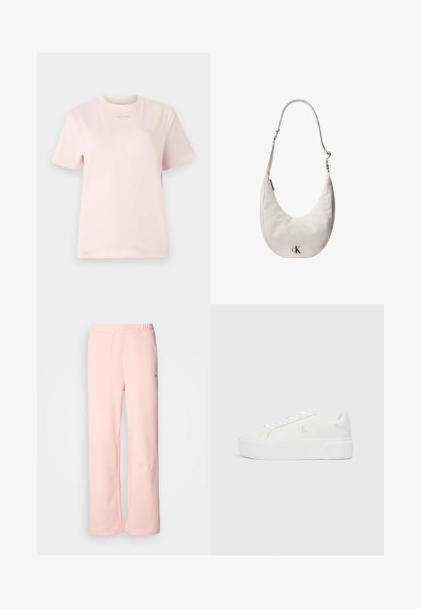 Helles rosa Baumwoll-T-Shirt mit Rundhalsausschnitt, kurzen Ärmeln und einem kleinen, im passenden Farbton auf der Brust bedruckten "Calvin Klein"-Logo.; Rosa Baumwoll-Sweatpants mit weitem Beinsaum, elastischem Bund und minimalen Nahtdetails. Verfügt über ein kleines Logo-Tag an der Seite.; Weiße Plattform-Sneaker mit einem glatten Leder-Obermaterial, abgerundetem Zehenbereich, weißen Schnürsenkeln und dezentem Logo-Detail an der Seite. Flache Gummisohle.; Weiße, halbmondförmige Lederschultertasche mit verstellbarem Riemen, Reißverschluss und schwarzem Calvin Klein Logo auf der Vorderseite.