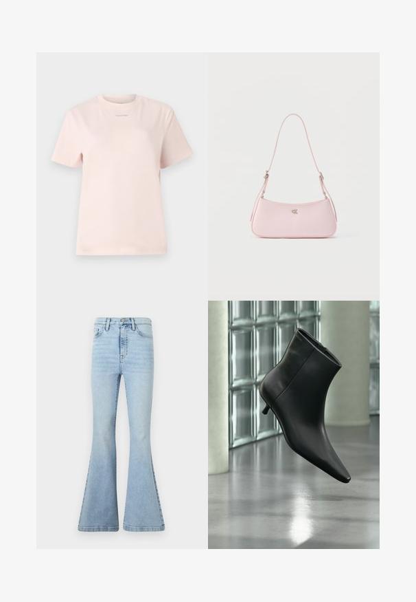 Svetloružové bavlnené tričko s okrúhlym výstrihom, krátkymi rukávmi a malým logom "Calvin Klein" natlačeným v zodpovedajúcej farbe na hrudi.; Svetlomodré rozšírené džínsy vyrobené z denimu, s vysokým pásom, jemným vyblednutím a veľkými zvonovými nohavicami s čistým lemom.; Čierna kožená členková čižma so špicatou špičkou a nízkym kitten podpätkom, zobrazená šikmo na pozadí leštenej podlahy a steny zo sklenených blokov.; Malá pastelovo ružová kabelka cez rameno s tenkým remienkom a strieborným logom "CK" umiestneným v strede na jednofarebnom pozadí.