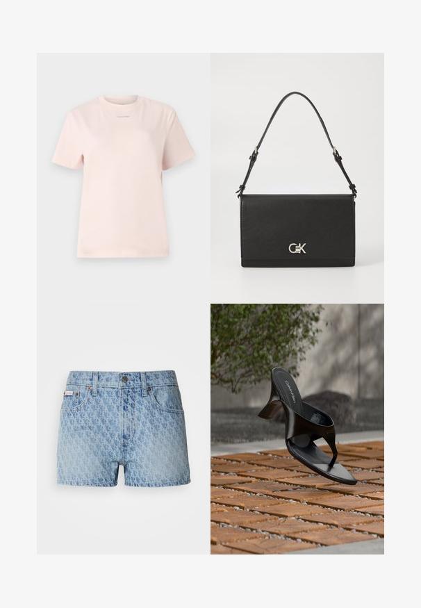 Heled roosa puuvillane T-särk ümmarguse kaeluse, lühikeste varrukatega ja rinnal väikese samasuguse värvi "Calvin Klein" logo trükiga.; Heledad lühikesed püksid helesinisest denimist, millel on tekstuuriga korduv muster. Omab nupuga kinnihoidmist ja punast brändimärki vasakul taskul.; Must Calvini Kleini kontsaking sandaal, mis ripsekand paistab üle veelähedase plaaditud pinnaga, taustal rohelus ja betoonsein.; Must mustrõhuga must nahkne risti kott, millel on siledus tekstuur, flapi sulgemine ja hõbedane logo aktsent. Omab reguleeritavat rihma.