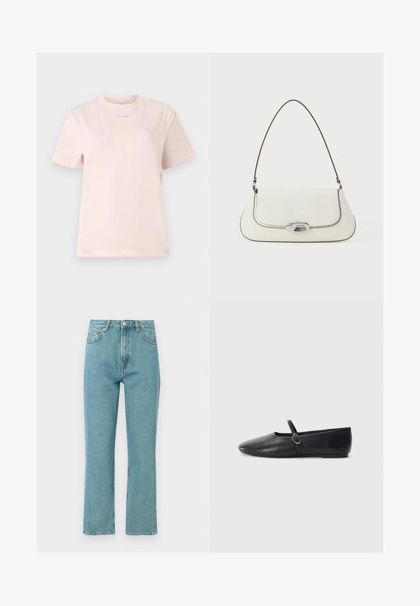 Lichtroze katoenen t-shirt met een ronde hals, korte mouwen, en een klein "Calvin Klein" logo gedrukt in een bijpassende kleur op de borst.; Lichtblauwe, high-waisted jeans met een rechte pijpdesign. Gemaakt van denim, met voorzakken en een knoopsluiting.; Zwarte leren balletschoenen met een spitse neus, platte zool en een kleine strap met een zilveren gespsluiting.; Witte leren handtas met een gebogen ontwerp, contrasterende zwarte stiksels en een zilveren sluiting met het Calvin Klein-logo.