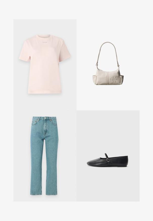 Lichtroze katoenen t-shirt met een ronde hals, korte mouwen, en een klein "Calvin Klein" logo gedrukt in een bijpassende kleur op de borst.; Lichtblauwe, high-waisted jeans met een rechte pijpdesign. Gemaakt van denim, met voorzakken en een knoopsluiting.; Zwarte leren balletschoenen met een spitse neus, platte zool en een kleine strap met een zilveren gespsluiting.; Kleine beige leren schoudertas met verstelbare riem en geperst Calvin Klein-logo aan de voorkant in het midden.