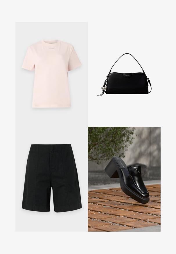 T-shirt en coton rose clair avec un col rond, des manches courtes et un petit logo "Calvin Klein" imprimé dans une couleur assortie sur la poitrine.; Shorts noirs ajustés en tissu léger, dotés d'un design structuré avec des rayures verticales et un ourlet droit. Aucune poche visible.; Mule slip-on en cuir noir Calvin Klein avec talon bloc reposant sur des carreaux en bois à l'extérieur près d'une plante verte et d'un mur gris.; Sac à main rectangulaire noir Calvin Klein avec une seule sangle supérieure, un charm logo argenté et une petite fermeture à rabat sur le devant.