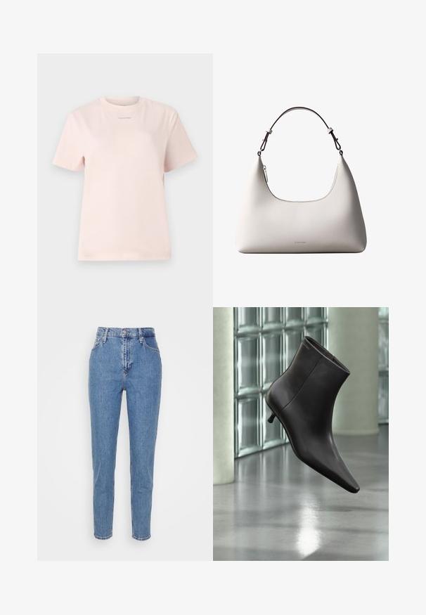 Lichtroze katoenen t-shirt met een ronde hals, korte mouwen, en een klein "Calvin Klein" logo gedrukt in een bijpassende kleur op de borst.; Blauwe high-waisted straight-leg jeans met een knoop en rits aan de voorkant, riemlussen en zakken, weergegeven op een effen witte achtergrond.; Zwarte leren enkellaars met puntige neus en lage hak, afgebeeld tegen een glazen blokkenmuur en gepolijste vloer op de achtergrond.; Romige Calvin Klein leren schoudertas met gebogen bovenrand, zilveren rits en donkerbruine verstelbare riem.