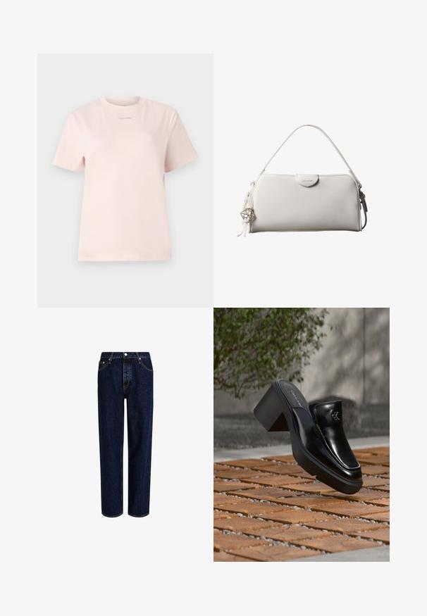 Lyserød bomulds t-shirt med rund hals, korte ærmer og et lille "Calvin Klein" logo trykt i en matchende farve på brystet.; Mørkeblå denim jeans med lige ben-design, der har høj talje, fem-lomme-stil og kontrastsyninger. Ingen dekorationer.; Sort læder Calvin Klein slip-on mule med blokhæl, der hviler på trætøj udendørs nær en grøn plante og en grå væg.; Hvid rektangulær Calvin Klein håndtaske med enkelt håndtag, minimalistisk design og dekorative kvaster med geometrisk metalvedhæng på siden.