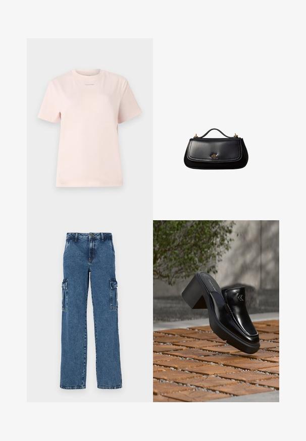Lyserød bomulds t-shirt med rund hals, korte ærmer og et lille "Calvin Klein" logo trykt i en matchende farve på brystet.; Blå denim cargo bukser med en afslappet pasform, der har to sidelommer, forstærket syning og et lige ben-design.; Sort læder Calvin Klein slip-on mule med blokhæl, der hviler på trætøj udendørs nær en grøn plante og en grå væg.; Sort lædertaske med et lille håndtag, guldfarvet "cK" logo på frontklappen og guldfarvede hardware-accenter.