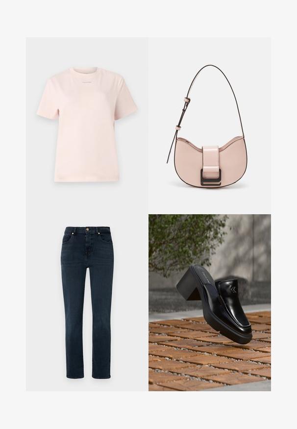 Helles rosa Baumwoll-T-Shirt mit Rundhalsausschnitt, kurzen Ärmeln und einem kleinen, im passenden Farbton auf der Brust bedruckten "Calvin Klein"-Logo.; Dunkelblaue Jeans mit geradem Bein, hoher Taille, fünf Taschen und goldfarbenen Beschlägen. Glatte Textur, minimale Ausbleichung.; Schwarze Leder-Slip-on-Mule von Calvin Klein mit Blockabsatz, die auf Holzfliesen im Freien nahe einer grünen Pflanze und einer grauen Wand ruht.; Kleine, geschwungene Handtasche aus pinkem Leder mit glänzender Oberfläche, ausgestattet mit einem schwarzen Akzentgurt und einem großen schwarzen Verschluss. Crossbody-Design.
