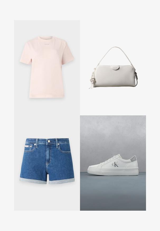 Lyserød bomulds t-shirt med rund hals, korte ærmer og et lille "Calvin Klein" logo trykt i en matchende farve på brystet.; Mørkeblå denimshorts med omviklede nederkanter. Har en knaplukning og forlommer. Glat struktur med diskrete syninger.; Hvide lædersneakers med flad sål, der har en diskret grå hælaccent og et fremtrædende 'CK' logo på siden.; Hvid rektangulær Calvin Klein håndtaske med enkelt håndtag, minimalistisk design og dekorative kvaster med geometrisk metalvedhæng på siden.