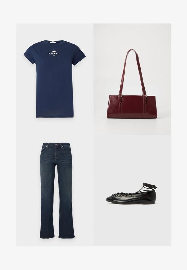 Marineblaues T-Shirt mit kurzen Ärmeln, aufgerollten Ärmelabschlüssen, Rundhalsausschnitt und weißem "REPLAY NOT ORDINARY" Logo auf der Brust gedruckt.; Dunkelblaue Denim-Jeans mit ausgestelltem Bein, ausgestattet mit fünf Taschen und kontrastierenden Nähten. Glatte Textur und standardmäßiger Bund.; Schwarze Ballerinas aus Lackleder mit runder Spitze, Schnürdesign und flacher Sohle. Glatte Textur mit minimaler Verzierung.; Burgunderfarbene Handtasche aus glänzendem Material, rechteckige Form, mit zwei Schulterriemen und subtilen, geschwungenen Akzenten an der Vorderseite.