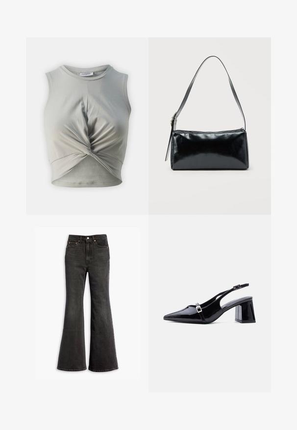 Grå bomulds crop top med rund halsudskæring og uden ærmer, med et snoet frontdetalje og en glat, blød tekstur.; Sorte højtaljede denim jeans med flagrende ben, fem-lomme design og kobbernitter.; Sort laklæder slingback-hæl med spids tå, lav blokhæl og to små sølvspænder på stropperne.; Sort rektangulær skuldertaske med en enkelt justerbar rem og lynlås i toppen på en ensfarvet baggrund.