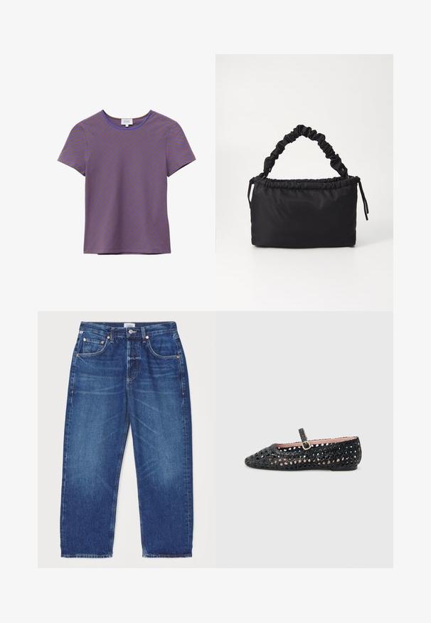 T-shirt à manches courtes avec des rayures diagonales marron et violettes et un col rond, présenté sur fond blanc.; Citizens of Humanity DAHLIA IN CLAREMONT - Jean boyfriend - dark-blue denim; Chaussure Mary Jane plate noire tissée avec une seule bride réglable et une petite boucle dorée, présentant un bout arrondi et un intérieur rose clair.; Sac noir en tissu doux et lisse. Présente une anse froncée et un système de fermeture à cordon, avec une forme rectangulaire et aucun matériel visible.