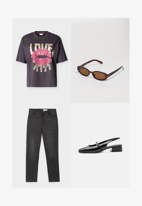 Camiseta gris oscuro con un gráfico de labios grandes rosas y texto en negrita que dice "LOVE & KISS" en letras beige y estampado de leopardo.; Vaqueros negros de pierna recta con cierre de botón y cremallera, bolsillos delanteros y traseros, y un sutil desteñido en los muslos, dispuestos en plano sobre un fondo blanco.; Zapato slingback de charol negro con tacón bajo y grueso y una fina correa con hebilla de plata en la parte superior.; Gafas de sol redondas con tinte marrón y un marco burdeos brillante. Patillas delgadas con un sutil detalle de marca. Diseño de lentes planos.