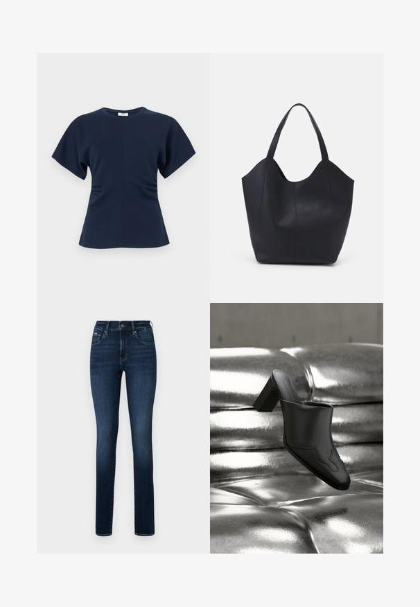 Marineblauw dames T-shirt met korte mouwen, ronde halslijn en lichte plooien in de taille, weergegeven op een effen witte achtergrond.; Donkerblauwe denim jeans met een rechte pijp, vijf zakken en een knoopsluiting op de tailleband.; Zwarte leren mule met blokhak, rustend op een glanzend zilveren gestoffeerde oppervlakte, die het strakke ontwerp en de afgeronde details benadrukt.; Zwarte tote tas van glad leer, met een gebogen, open bovenkant en twee schouderbanden, en een minimalistisch ontwerp.