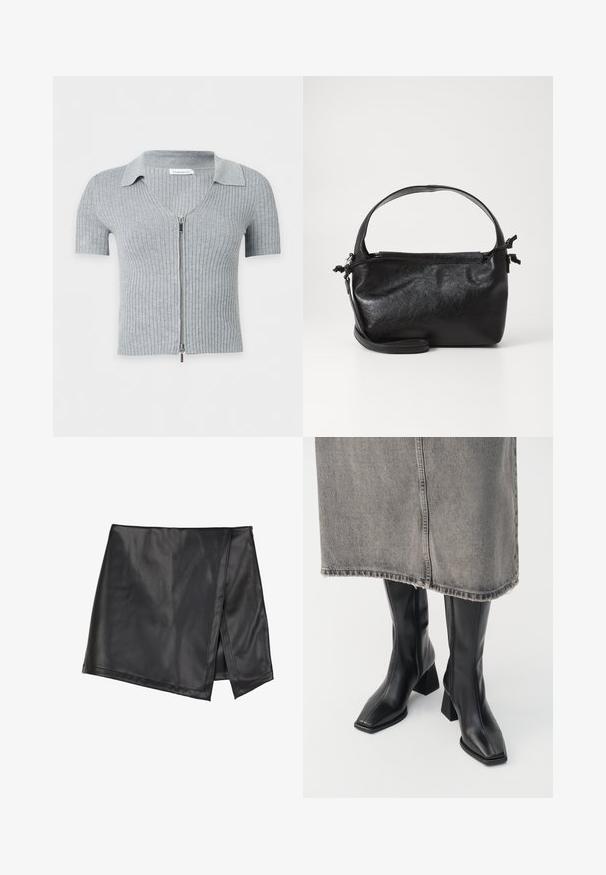 Lysegrå ribbet kortærmet cardigan med krave og foran sølv lynlås lukning på hvid baggrund.; Even&Odd Mini skirts - black; Sorte knæhøje støvler i glat læder med firkantet tå og blokeret hæl. Båret med en grå denimnederdel med flosset kant.; Sort læderhåndtaske med et struktureret design, rund tophåndtag og aftagelig skulderrem. Den har en glat tekstur og en subtil glans.