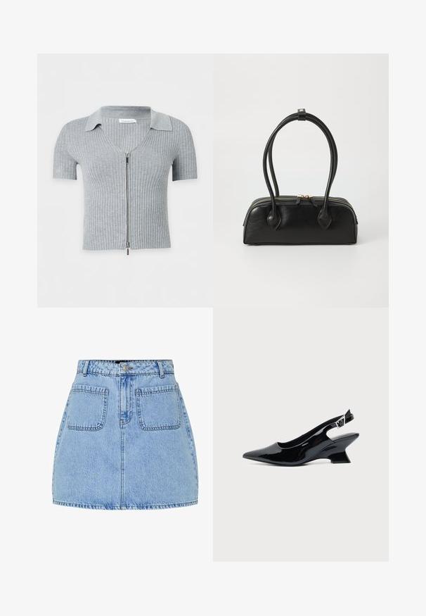 Cardigan gris clair côtelé à manches courtes avec col et fermeture éclair argentée sur fond blanc.; Mini-jupe en denim bleu clair avec taille haute, fermeture à boutons sur le devant et deux poches arrière. Présente des coutures contrastées et une coupe droite.; Chaussure slingback en cuir verni noir avec bout pointu et petit talon bloc incliné sur fond clair uni.; Sac à main en cuir noir avec deux anses allongées, fermeture éclair et forme arrondie ; texture lisse avec une finition légèrement brillante.