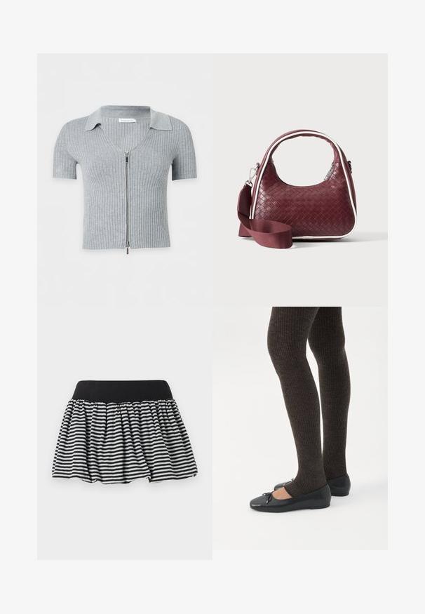 Cardigan gris clair côtelé à manches courtes avec col et fermeture éclair argentée sur fond blanc.; Jupe à rayures noires et blanches avec un design plissé et une taille élastique, fabriquée en matériau doux. Présente une forme évasée pour plus de volume.; Jambes portant des leggings côtelés foncés associés à des ballerines noires avec de petits détails en nœud sur fond blanc.; Sac à main en cuir tressé marron foncé avec poignée courbée, garniture blanche, fermeture éclair argentée et bandoulière large en tissu amovible sur fond uni.