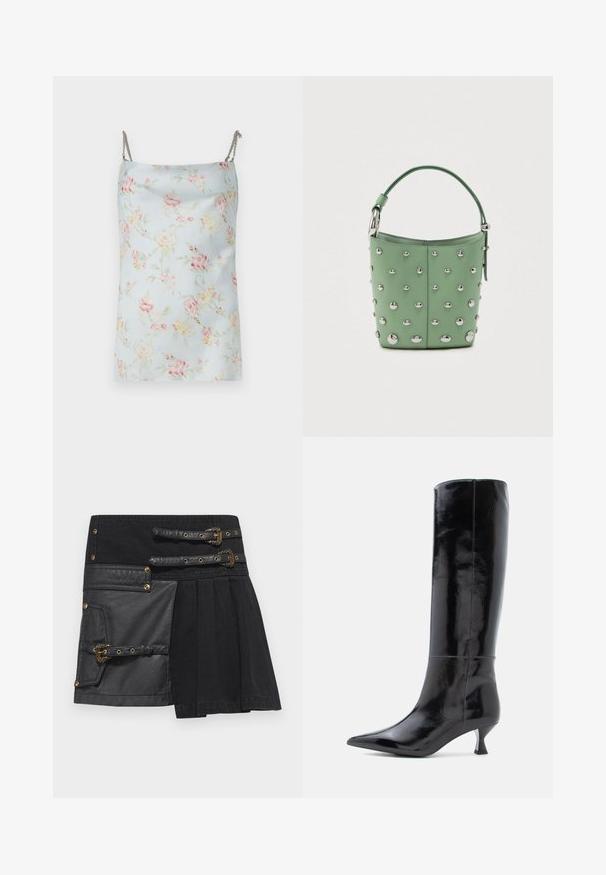 Rabanne Top - pink/blue/green/yellow; Čierna sukňa s koženými akcentmi, detailmi s prackami a kombináciou textúr. Obsahuje vrecko na ľavej strane a plisovaný dizajn.; Čierne kožené vysoké čižmy so lesklým povrchom, s ostrou špičkou a malým štvorcovým podpätkom. Hladká textura, minimálne detaily šitia.; Zelená taška s jedinou rukoväťou, ozdobená rovnomerne rozmiestnenými striebornými ťahúňmi na hladkej koženej ploche.