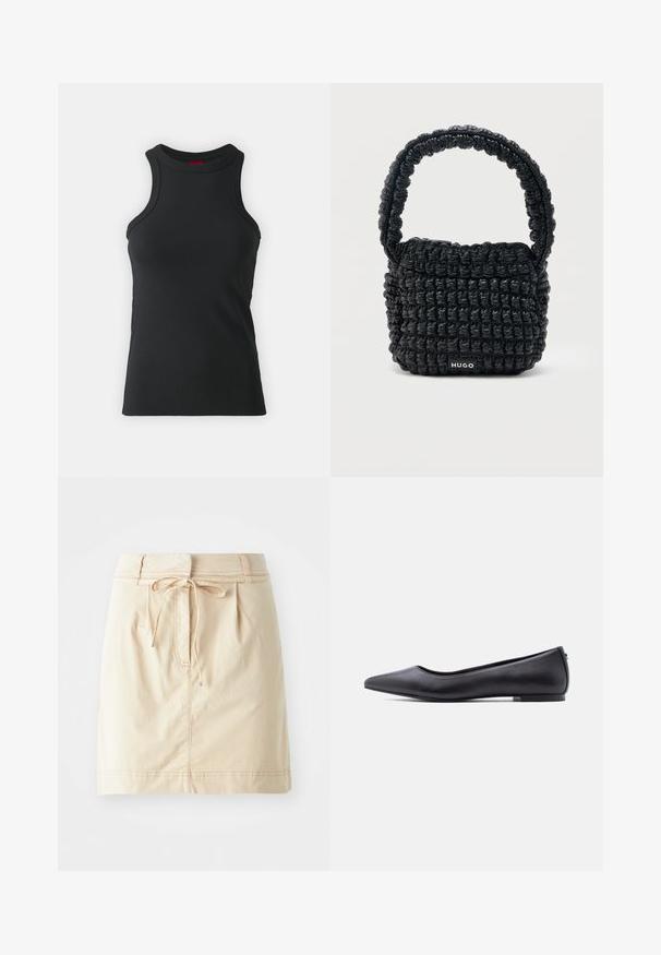 Débardeur sans manches noir en tissu extensible. Présente un col rond et une silhouette ajustée avec des détails de couture minimaux.; Jupe kaki en tissu léger avec une taille ajustée, des détails de cordon de serrage, des plis et des coutures subtiles. Texture lisse.; Chaussure plate en cuir noire à bout pointu avec petit talon, vue de profil sur fond blanc.; Petit sac à main noir matelassé avec une poignée courte rembourrée et une étiquette "HUGO" à l'avant, présenté sur un fond clair uni.