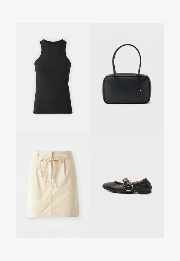Débardeur sans manches noir en tissu extensible. Présente un col rond et une silhouette ajustée avec des détails de couture minimaux.; Jupe kaki en tissu léger avec une taille ajustée, des détails de cordon de serrage, des plis et des coutures subtiles. Texture lisse.; Chaussure plate en cuir noir avec un bout arrondi et une large bride avec boucle double anneau argentée sur le dessus.; Sac à main rectangulaire noir avec doubles poignées arrondies, fermeture éclair dorée et logo "HUGO" embossé sur le devant avec une étiquette en cuir attachée.