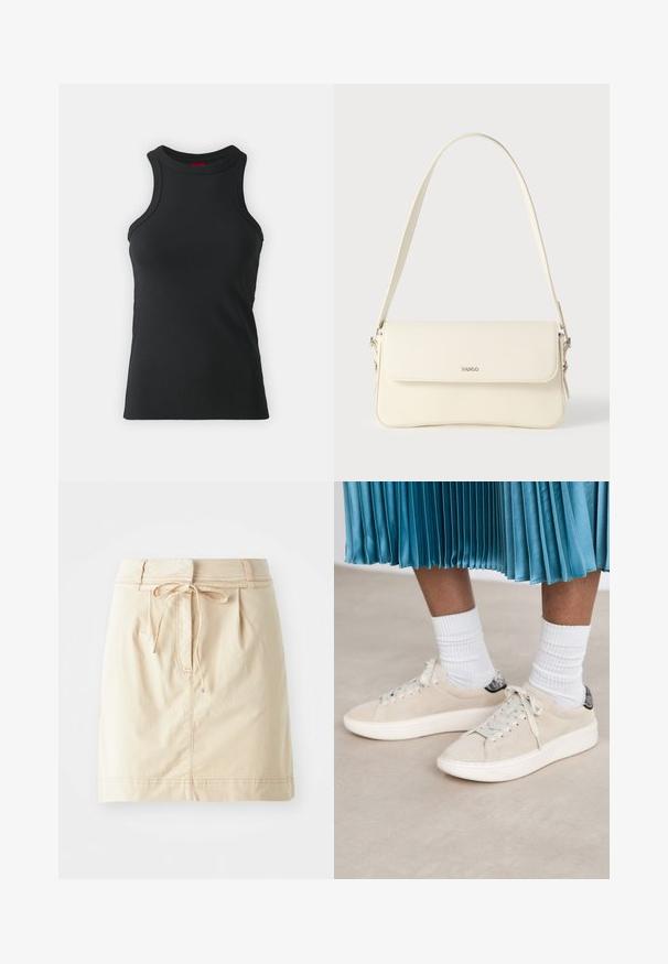 Débardeur sans manches noir en tissu extensible. Présente un col rond et une silhouette ajustée avec des détails de couture minimaux.; Jupe kaki en tissu léger avec une taille ajustée, des détails de cordon de serrage, des plis et des coutures subtiles. Texture lisse.; Des baskets en daim beige avec une semelle en caoutchouc blanc et un design à lacets. Accent ué d'un arrière en tab noir texturé. Portées avec des chaussettes blanches côtelées.; Sac à bandoulière en cuir couleur crème avec fermeture à rabat, quincaillerie argentée, une bandoulière réglable et un logo discret.
