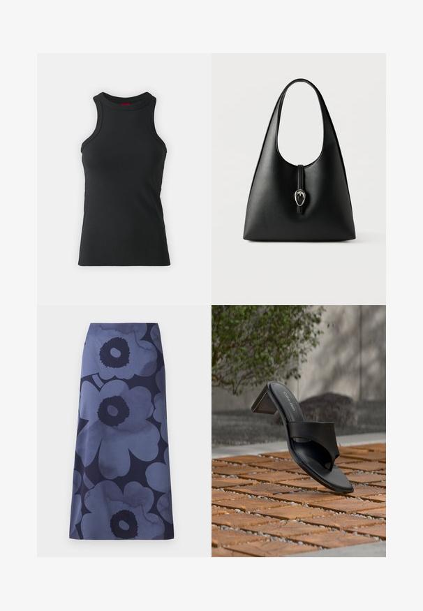 Camiseta sin mangas negra hecha de una tela elástica. Presenta un cuello redondo y una silueta ajustada con detalles de costura mínimos.; Falda midi con estampado floral que presenta grandes flores azul oscuro sobre un fondo azul más claro; la tela parece suave con una textura ligeramente brillante.; Sandalia de tacón negra de Calvin Klein con lazo en el dedo sobre un suelo de baldosas de madera al aire libre, cerca de un árbol y un muro de piedra.; Bolso de mano de cuero negro con un asa única y cierre de correa con hebilla plateada sobre fondo blanco.