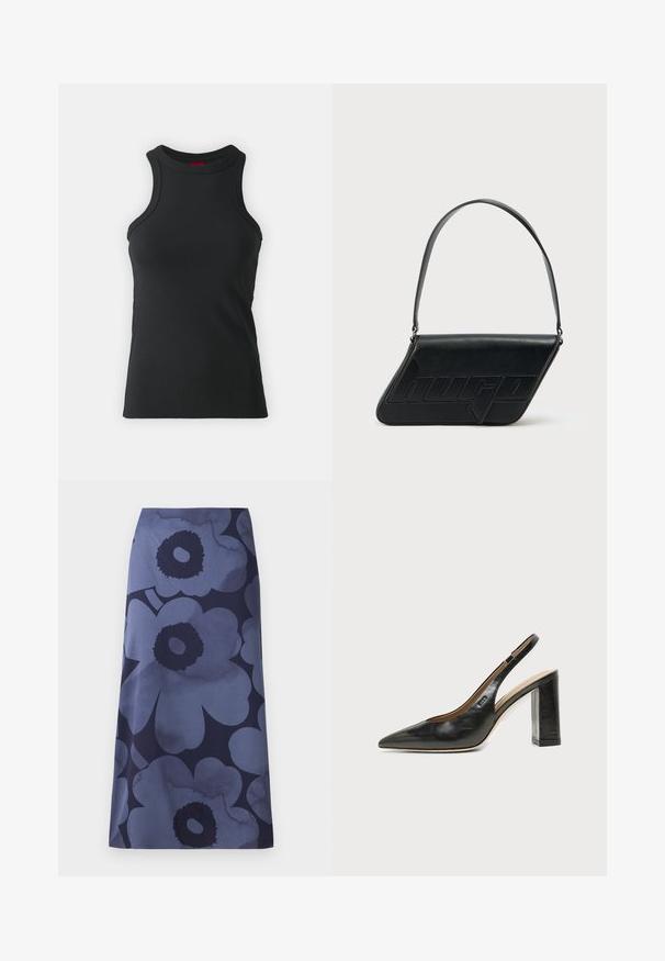 Camiseta sin mangas negra hecha de una tela elástica. Presenta un cuello redondo y una silueta ajustada con detalles de costura mínimos.; Falda midi con estampado floral que presenta grandes flores azul oscuro sobre un fondo azul más claro; la tela parece suave con una textura ligeramente brillante.; Zapato slingback de piel negra con puntera puntiaguda, tacón alto y ancho, y forro interior beige sobre un fondo claro y liso.; Bolso de hombro de cuero negro con forma triangular, logo en relieve y una sola correa ajustable. Diseño minimalista con textura suave.