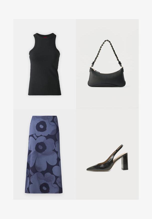 Zwarte mouwloze tanktop gemaakt van rekbare stof. Heeft een ronde hals en een aansluitende snit met minimale stikdetails.; Midi-jurk met bloemenprint met grote donkerblauwe bloemen op een lichterblauwe achtergrond; de stof lijkt glad met een licht glanzende textuur.; Zwarte leren slingback schoen met puntige neus, blokhak en klein logo aan de zijkant, op een effen witte achtergrond.; Zwarte lederen schoudertas met een gebogen rechthoekige vorm, gouden ketting verweven in een gevlochten zwarte band, en een ritssluiting bovenop.