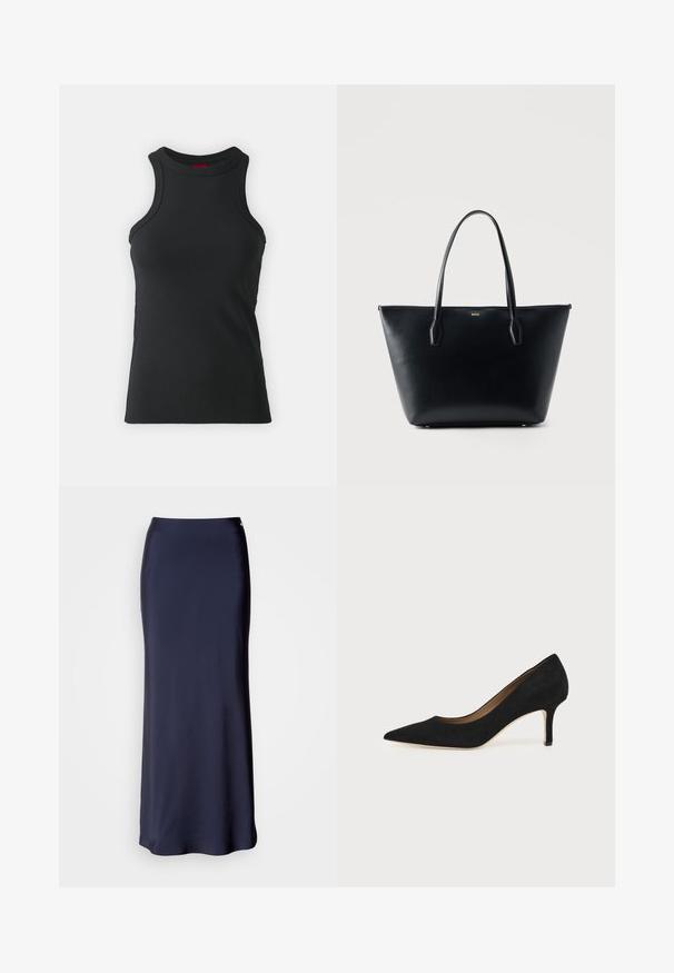 Sort ærmeløs tanktop lavet af strækbart stof. Har en rund hals og en tætsiddende silhuet med minimale syninger.; Mørkeblå satin maxi-nederdel med en glat tekstur, lige silhuet og et subtilt sidesnit. Har en taljeelastik og minimal detaljering.; Sort ruskind spids tå højhælet pumpe med en slank mellemhøj stilethæl og et lavt snit på en ensfarvet baggrund.; Sort lædertaske med to skulderstropper og guld "BOSS" logo centreret nær toppen.