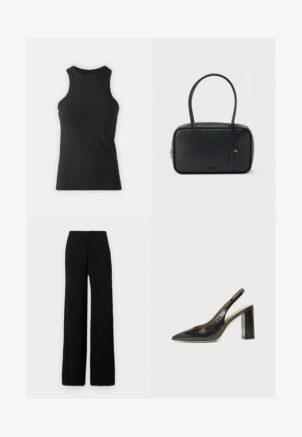 Débardeur sans manches noir en tissu extensible. Présente un col rond et une silhouette ajustée avec des détails de couture minimaux.; Pantalon noir à jambes larges en tissu doux avec une taille élastique, présentant un design épuré sans motifs ni accents visibles.; Chaussure slingback en cuir noir à bout pointu avec un talon bloc haut et une doublure intérieure beige sur un fond clair uni.; Sac à main rectangulaire noir avec doubles poignées arrondies, fermeture éclair dorée et logo "HUGO" embossé sur le devant avec une étiquette en cuir attachée.