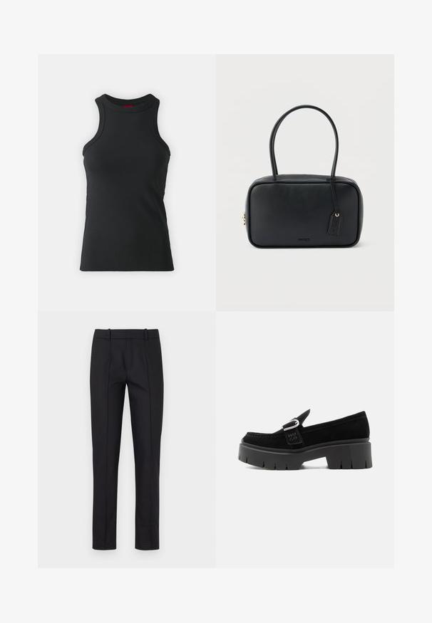 Camiseta sin mangas negra hecha de una tela elástica. Presenta un cuello redondo y una silueta ajustada con detalles de costura mínimos.; Pantalones negros ajustados con corte slim, parte delantera plana y dos bolsillos traseros. Confeccionados con un tejido suave y un detalle de costura sutil a lo largo de las costuras.; Mocasín de ante negro con suela gruesa de tacos, detalle de hebilla plateada y "HUGO" en relieve en la correa lateral, mostrado desde el lado exterior.; Bolso rectangular negro con asas dobles redondeadas, cremallera dorada y logo "HUGO" en relieve en el frente con etiqueta de cuero adjunta.