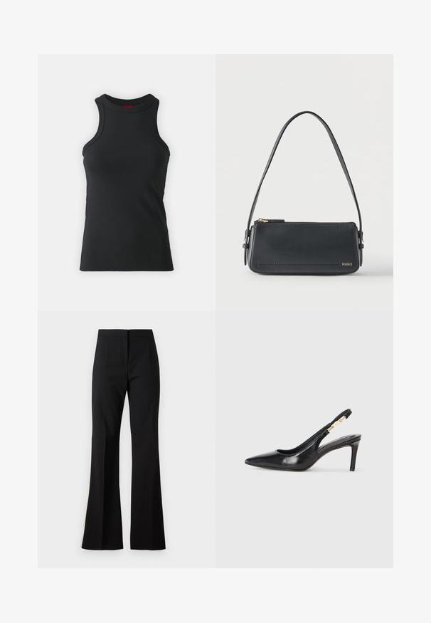 Sort ærmeløs tanktop lavet af strækbart stof. Har en rund hals og en tætsiddende silhuet med minimale syninger.; Sorte svingbukser lavet af et glat stof, med højtaljet talje, forreste folder og en ren finish ved sømmene.; Sort læder slingback højhælede sko med spidse tæer, glat overflade og en smal ankelrem med guldfarvede hardware detaljer.; Sort rektangulær skuldertaske i læder med guld lynlås og lille guld "HUGO"-logo på fronten, med justerbar strop med spænde.